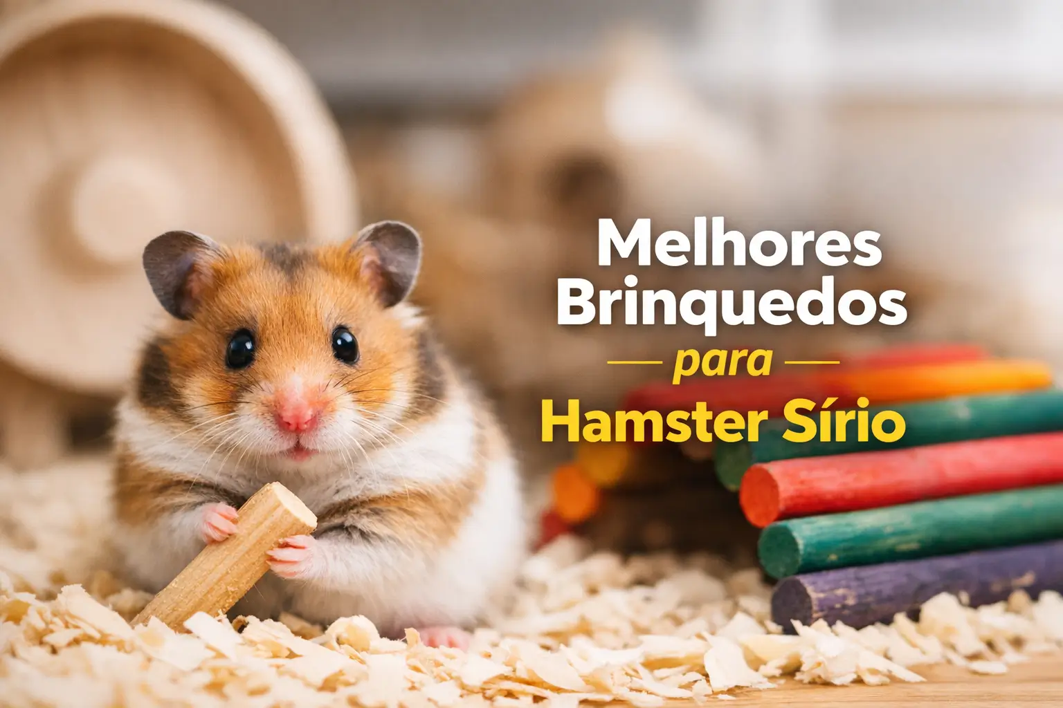 Hamster Sírio marrom e branco segurando madeira, sentado em cavacos com brinquedos coloridos ao fundo.