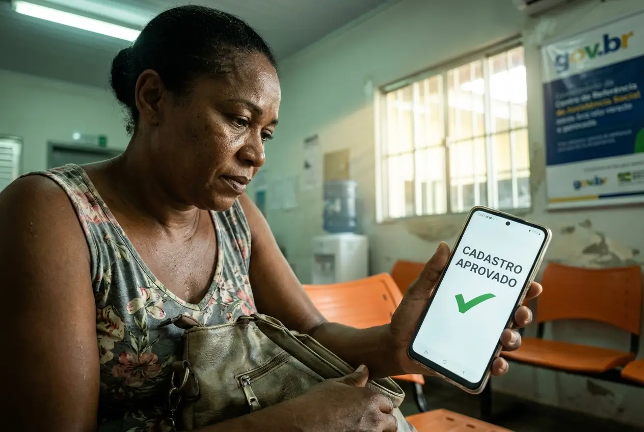 Mulher com celular exibindo 'Cadastro Aprovado' em ambiente público com cadeiras laranjas ao fundo