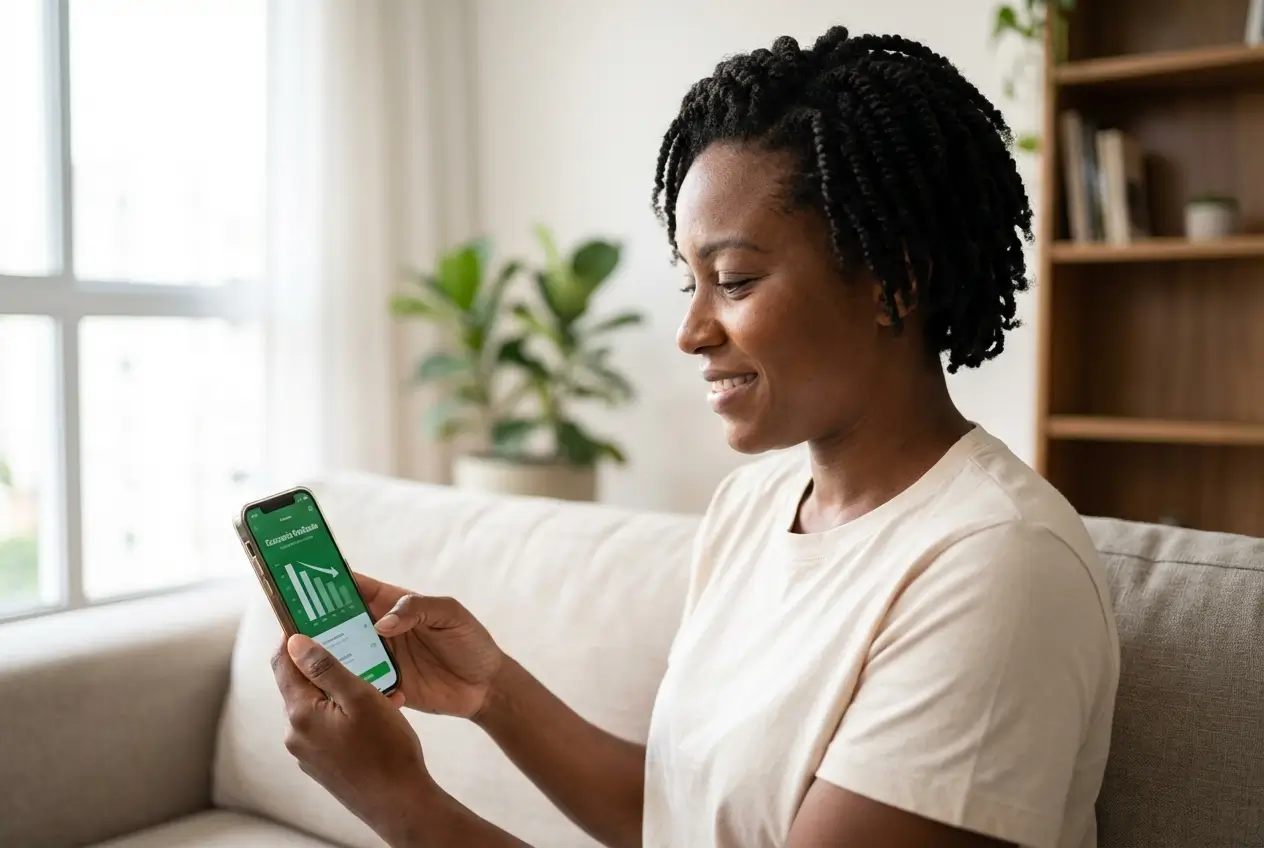 Mulher sorridente usa smartphone para acompanhar gráficos financeiros no sofá com plantas ao fundo.