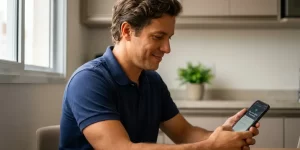Homem sorrindo sentado à mesa com smartphone e planta ao fundo