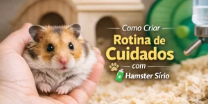 Hamster Sírio laranja e marrom em mão, com casa e roda ao fundo