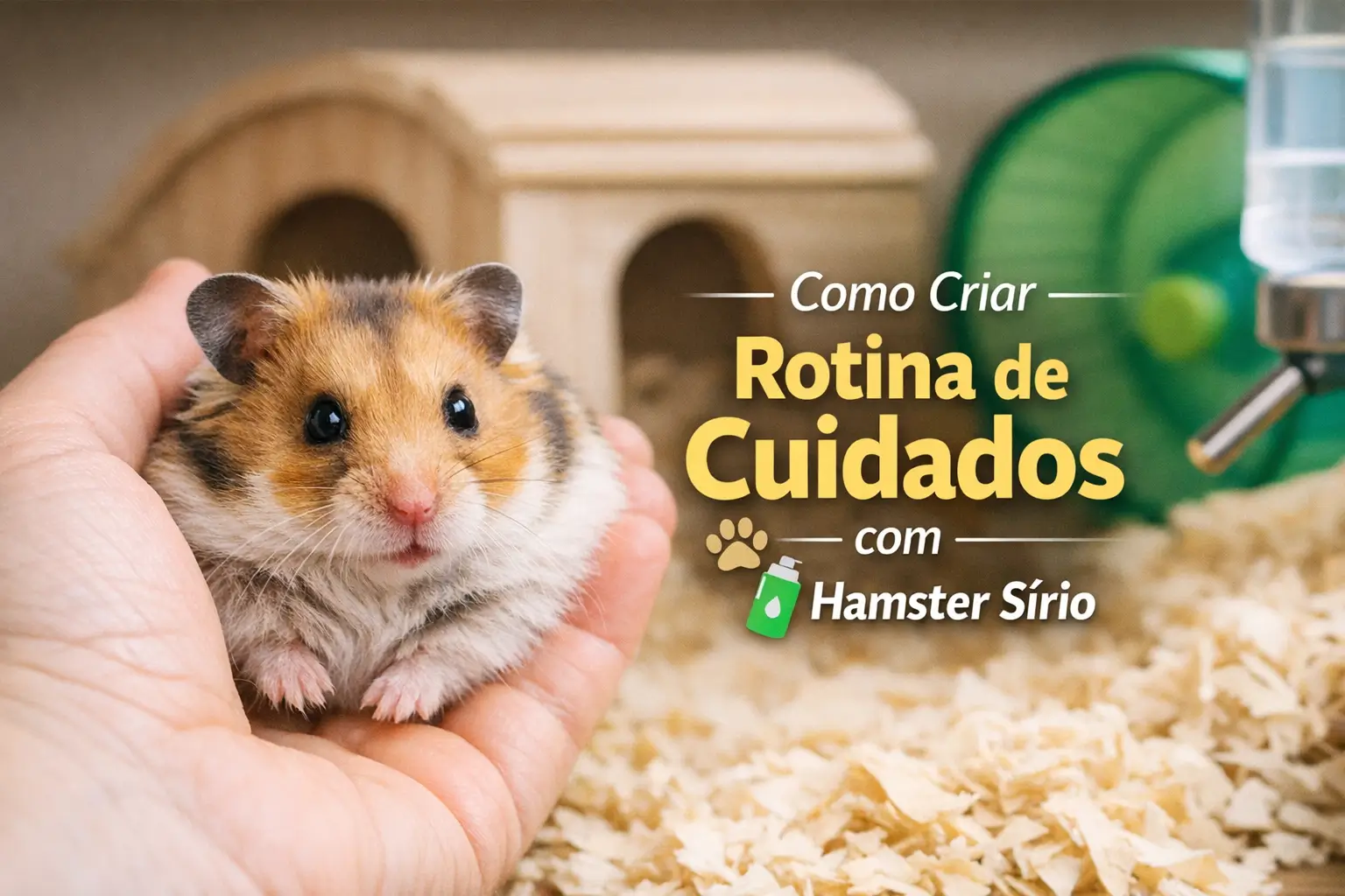 Hamster Sírio laranja e marrom em mão, com casa e roda ao fundo