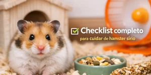 Hamster sírio sentado em serragem com brinquedos e comida ao redor