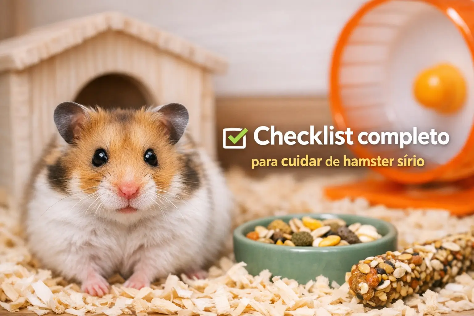 Hamster sírio sentado em serragem com brinquedos e comida ao redor