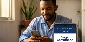 Homem sorridente com celular exibindo tela da Carteira de Trabalho Digital.