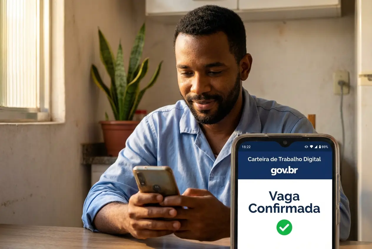 Homem sorridente com celular exibindo tela da Carteira de Trabalho Digital.