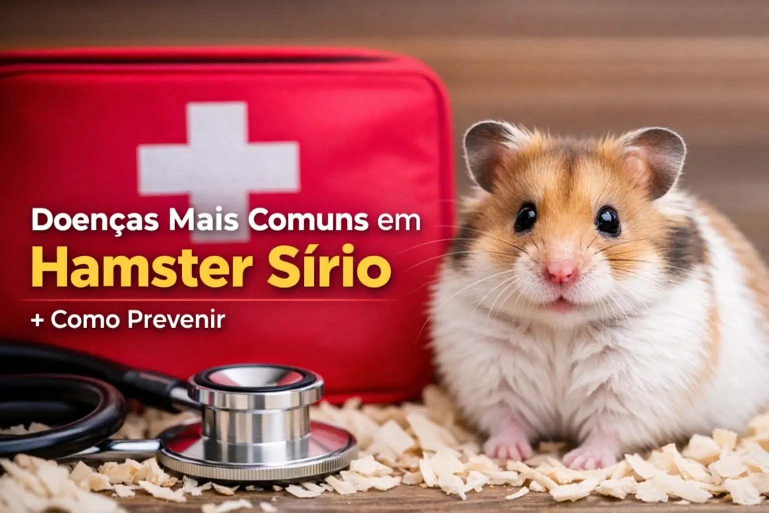 Hamster sírio ao lado de kit de primeiros socorros com doenças e cuidados