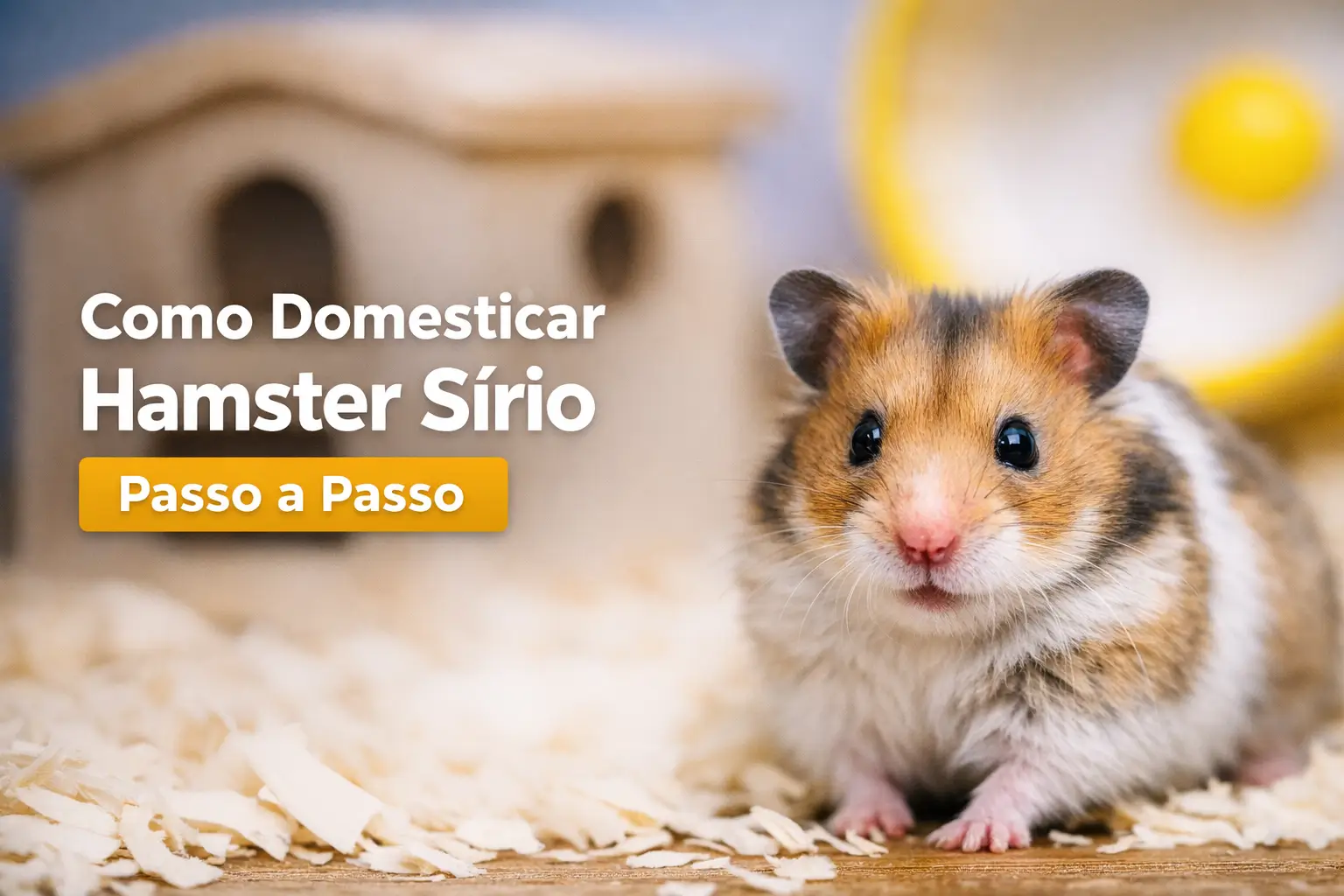 Hamster sírio em ambiente acolhedor com casa e roda de exercício