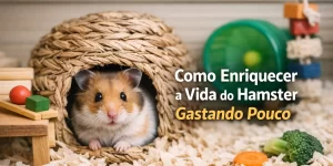 Hamster fofo em casinha de palha ao lado de brinquedos e alimentos coloridos