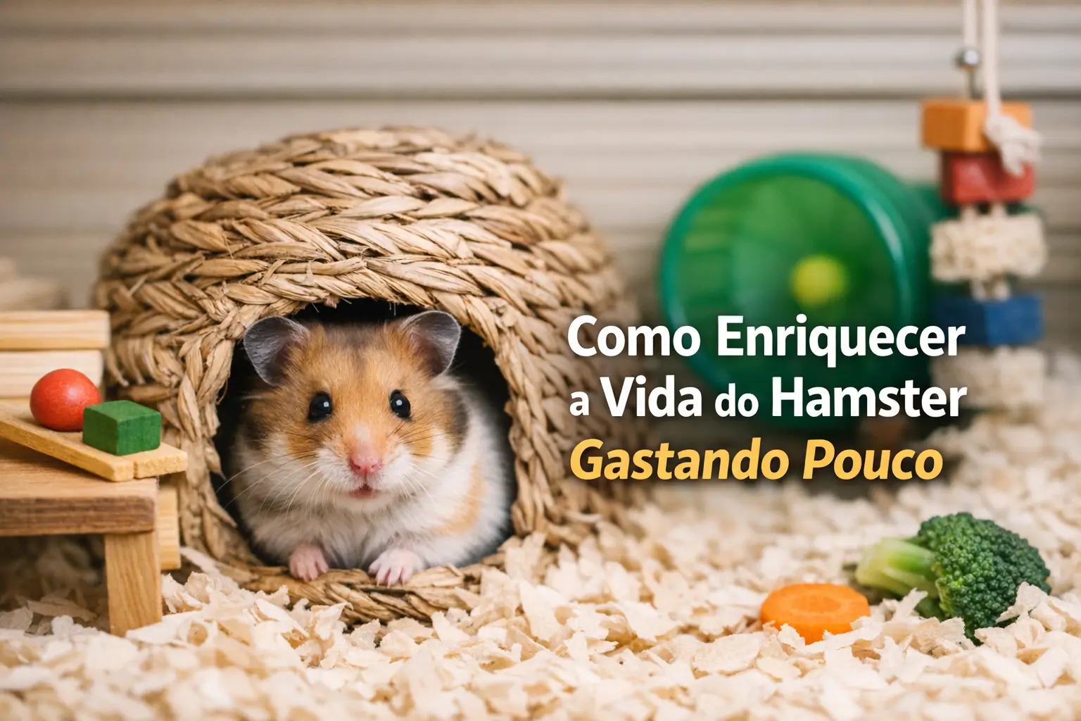 Hamster fofo em casinha de palha ao lado de brinquedos e alimentos coloridos