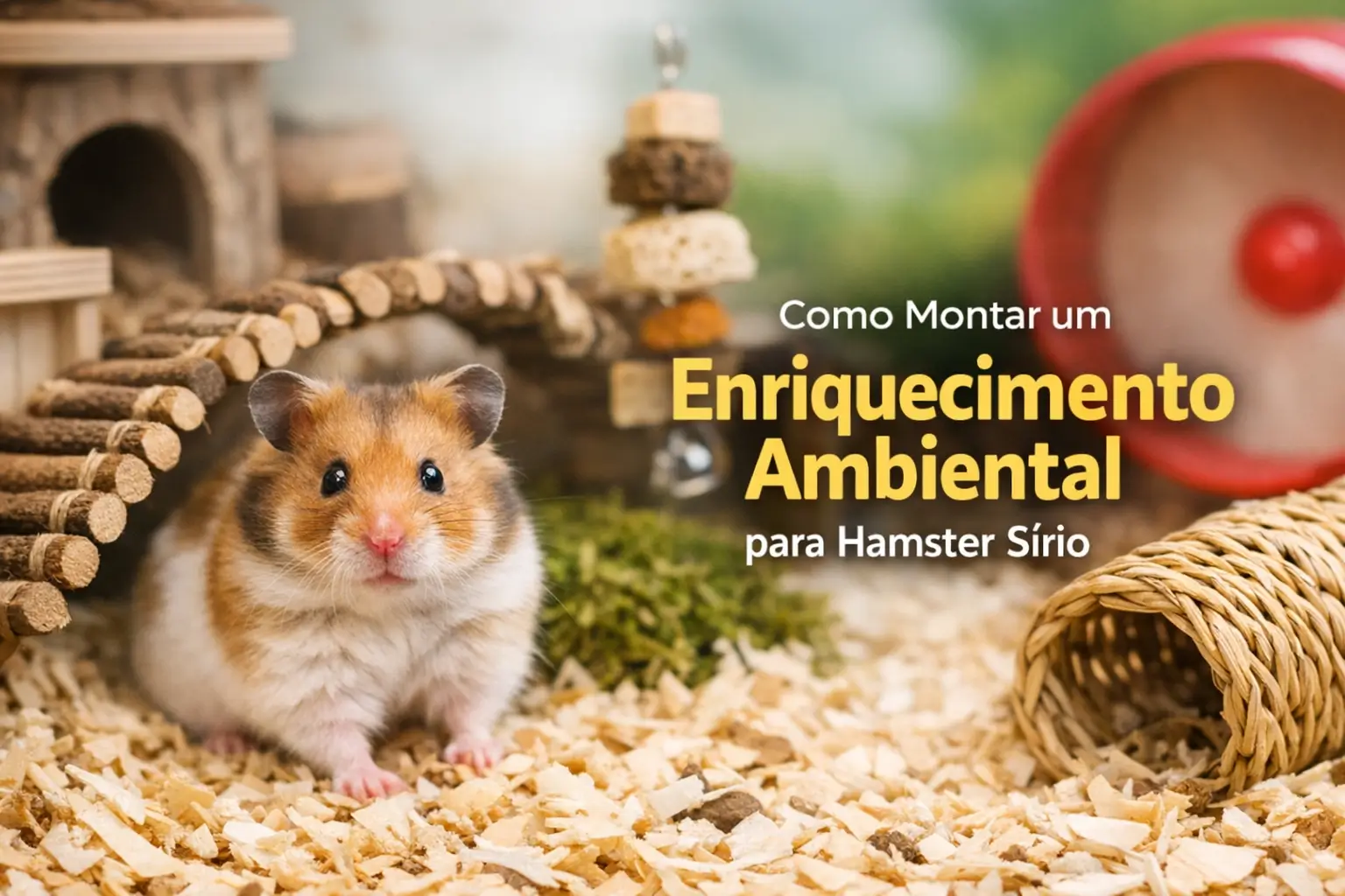 Hamster sírio em habitat enriquecido com brinquedos e túneis