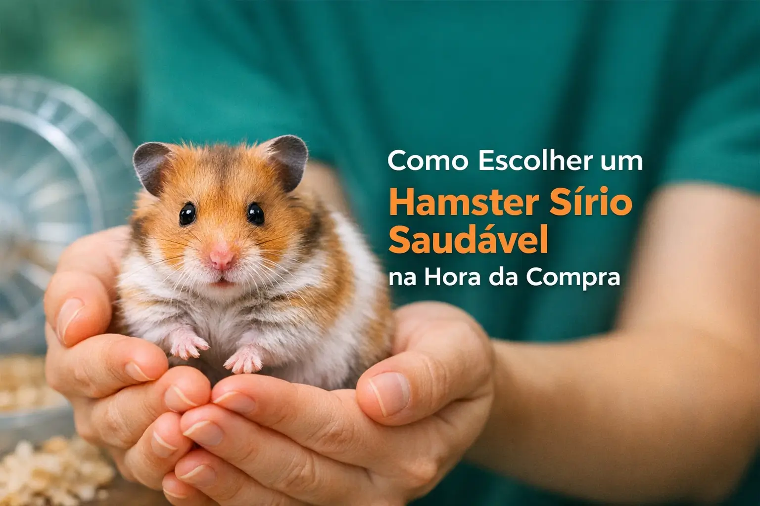 Hamster sírio laranja e branco sendo segurado em mãos humanas com roda ao fundo