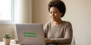 Mulher sorridente no computador com mensagem 'Projeto Aprovado' em tela moderna