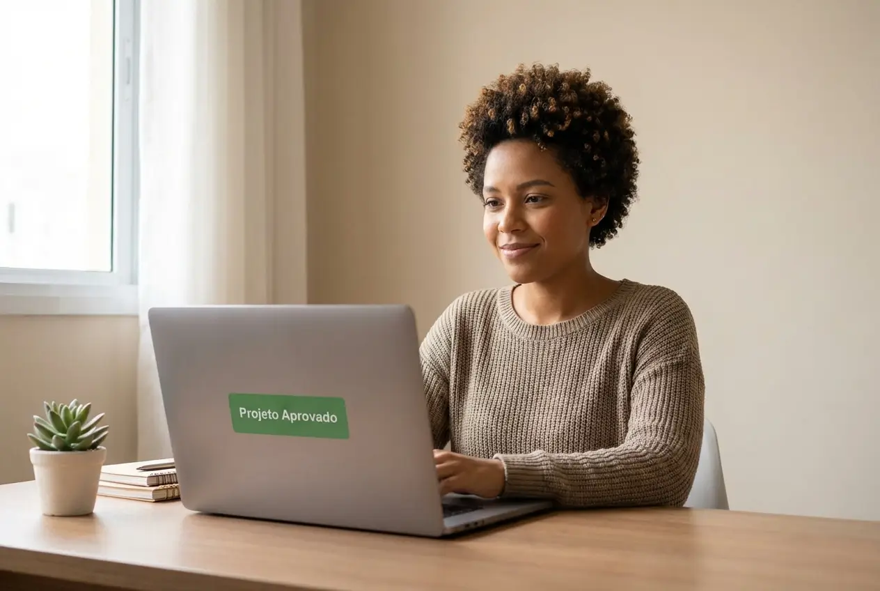Mulher sorridente no computador com mensagem 'Projeto Aprovado' em tela moderna