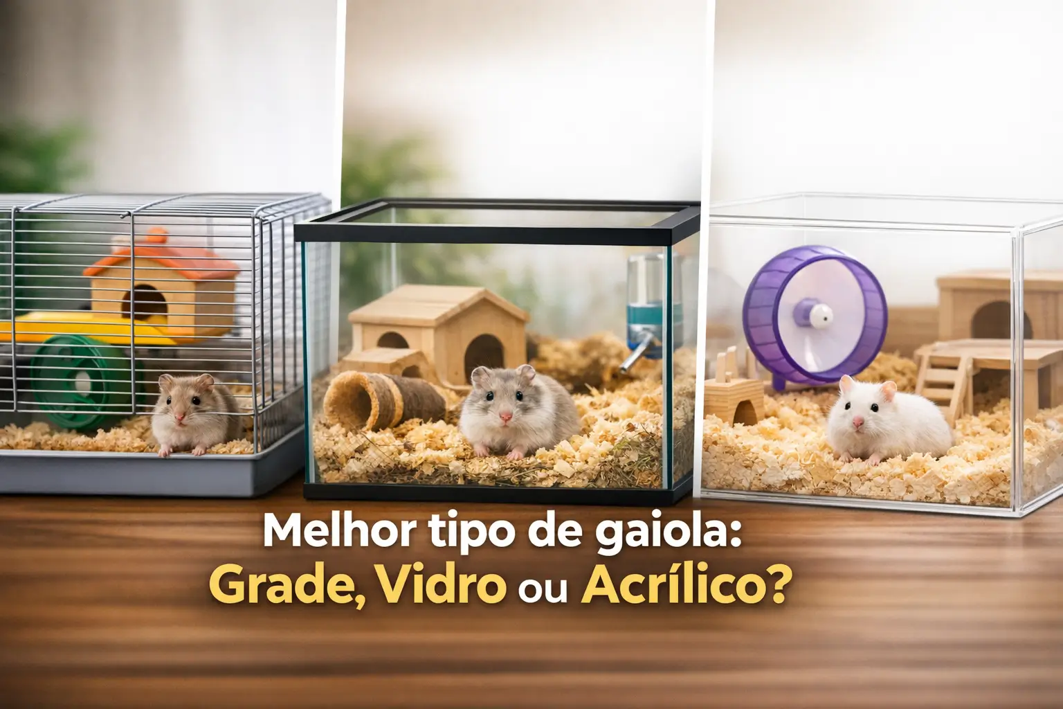 Três gaiolas diferentes para hamster: arame, vidro e acrílico com hamsters e acessórios.