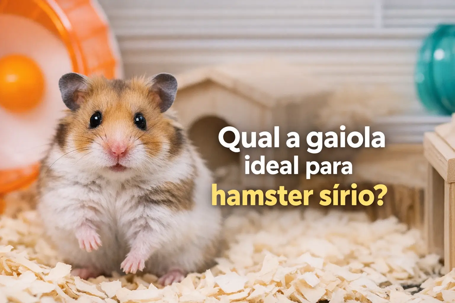 Hamster sírio em habitat com roda de exercício e casa