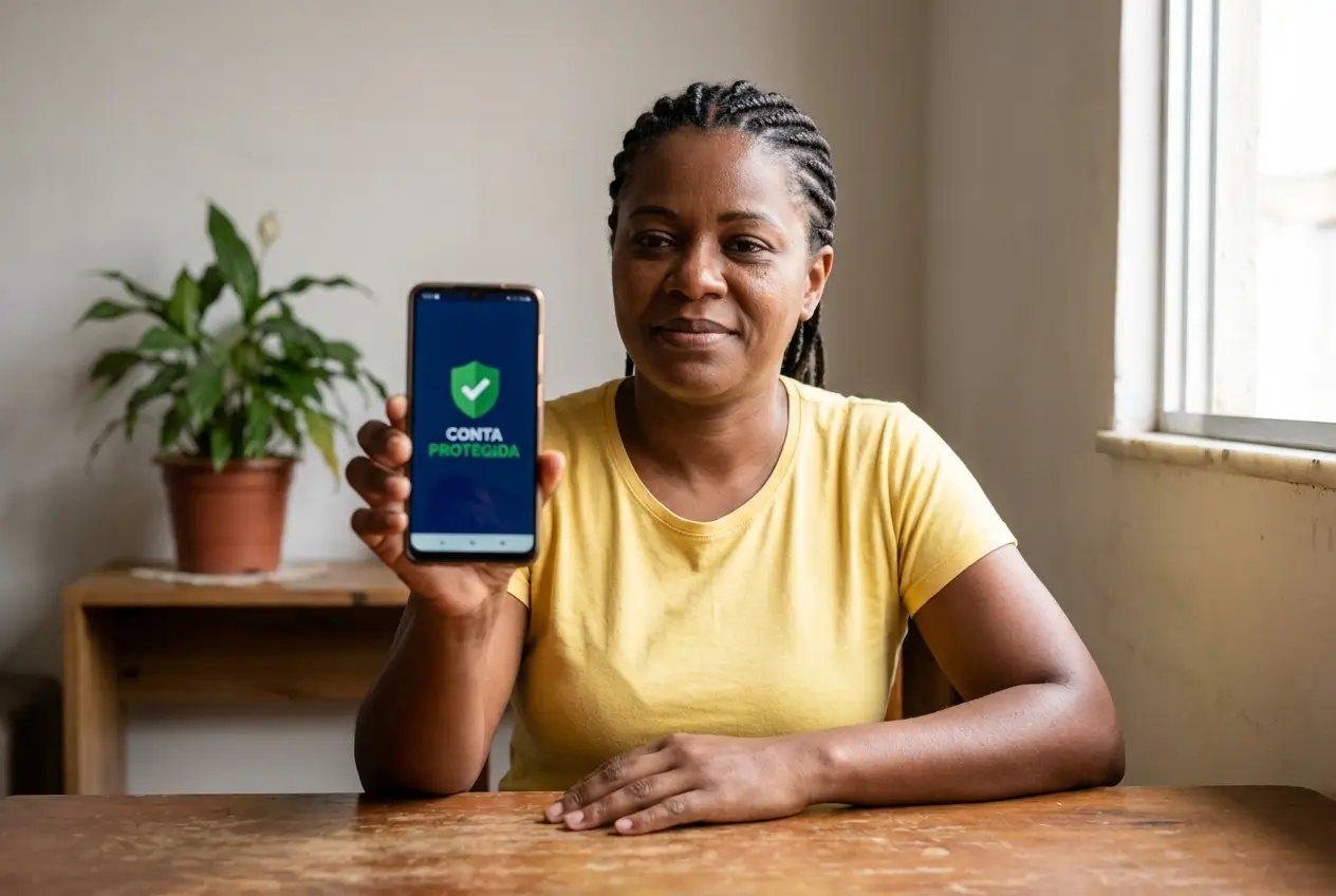 Mulher usando smartphone com tela exibindo 'Conta Protegida'.