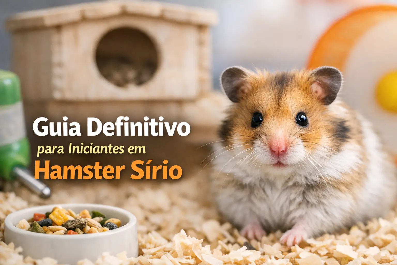 Hamster Sírio com pelagem colorida em cama de serragem com comida.