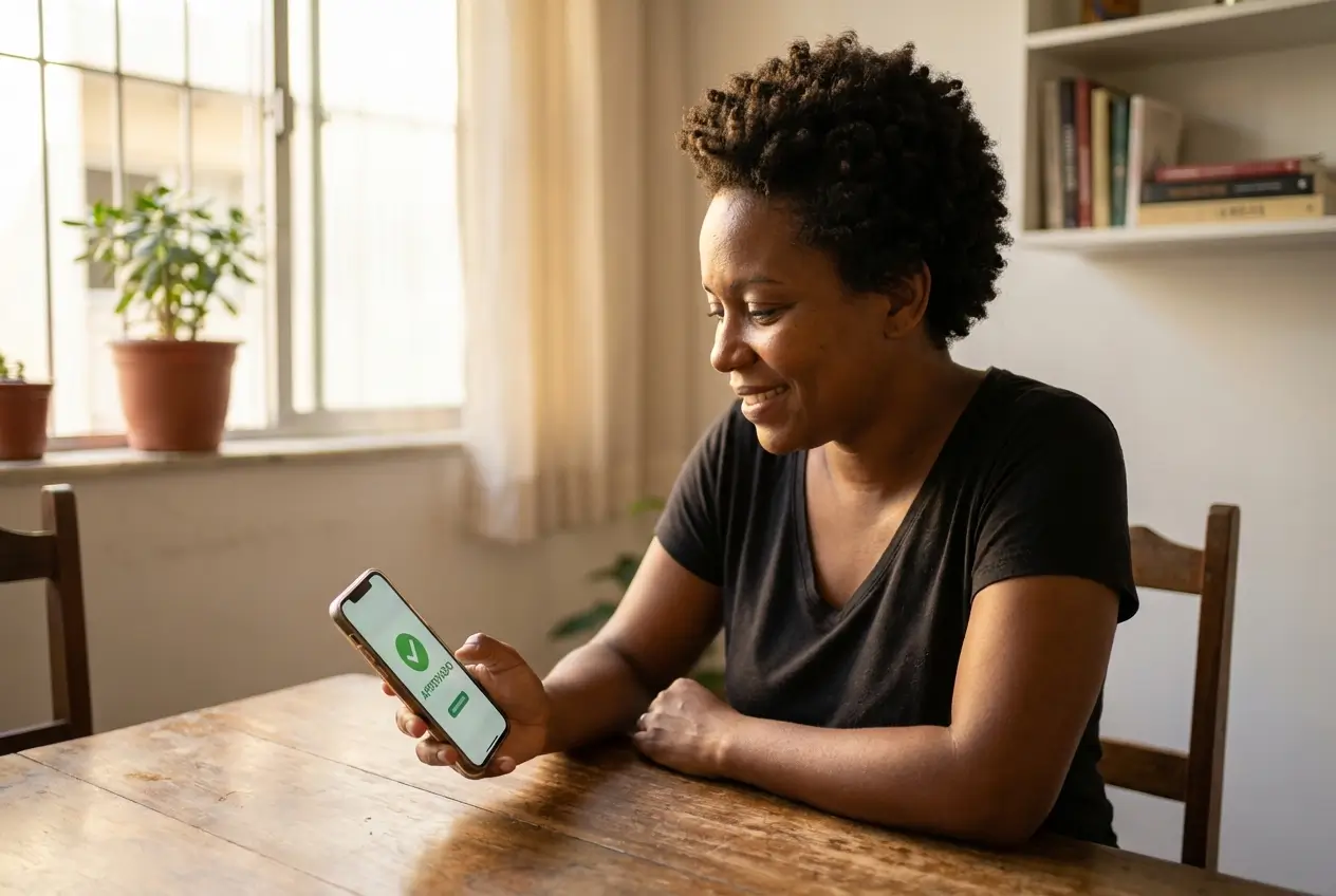 Mulher sorridente usando celular em ambiente acolhedor e moderno com plantas naturais.