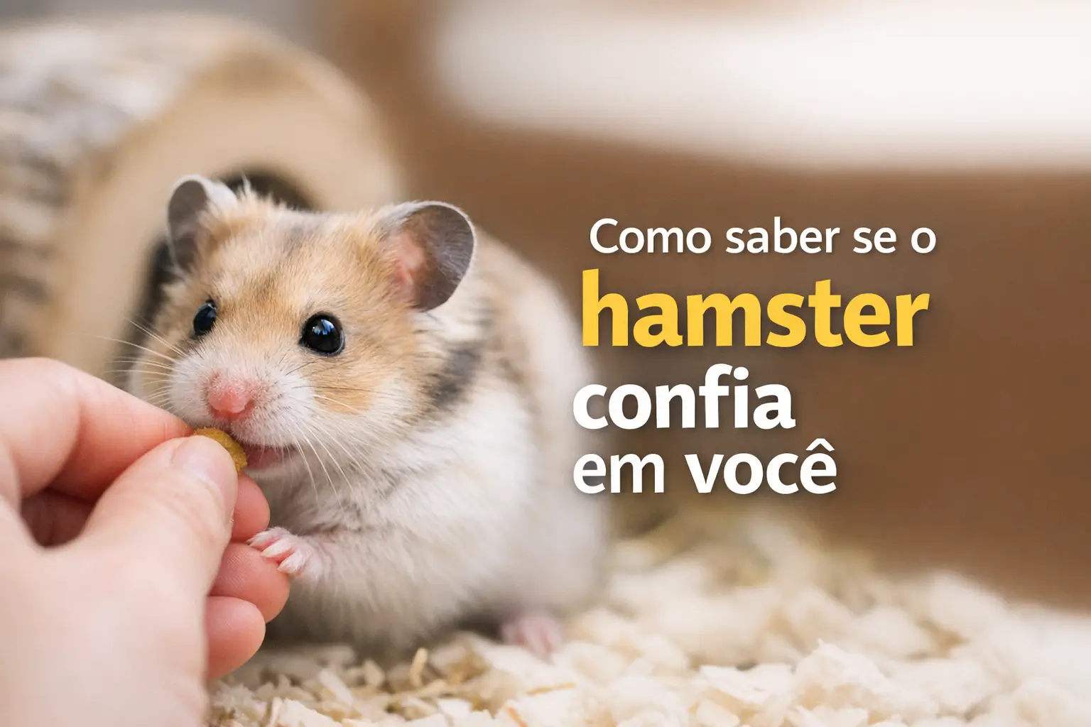 Hamster comendo na mão de uma pessoa com texto 'Como saber se o hamster confia em você'.