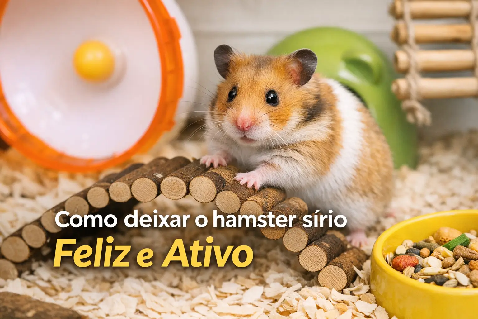 Hamster sírio curioso em ponte de madeira com roda e tigela ao fundo