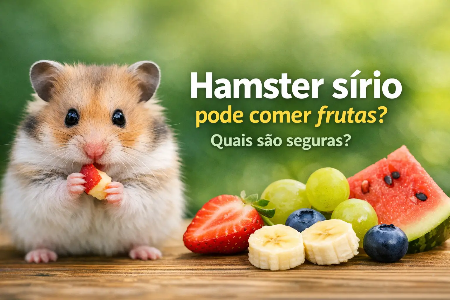 Hamster sírio com frutas: melancia, morangos, uvas e banana