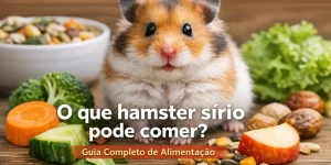 Hamster sírio com sementes e vegetais em mesa. Guia alimentar completo.