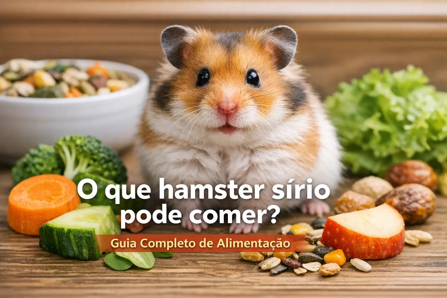 Hamster sírio com sementes e vegetais em mesa. Guia alimentar completo.
