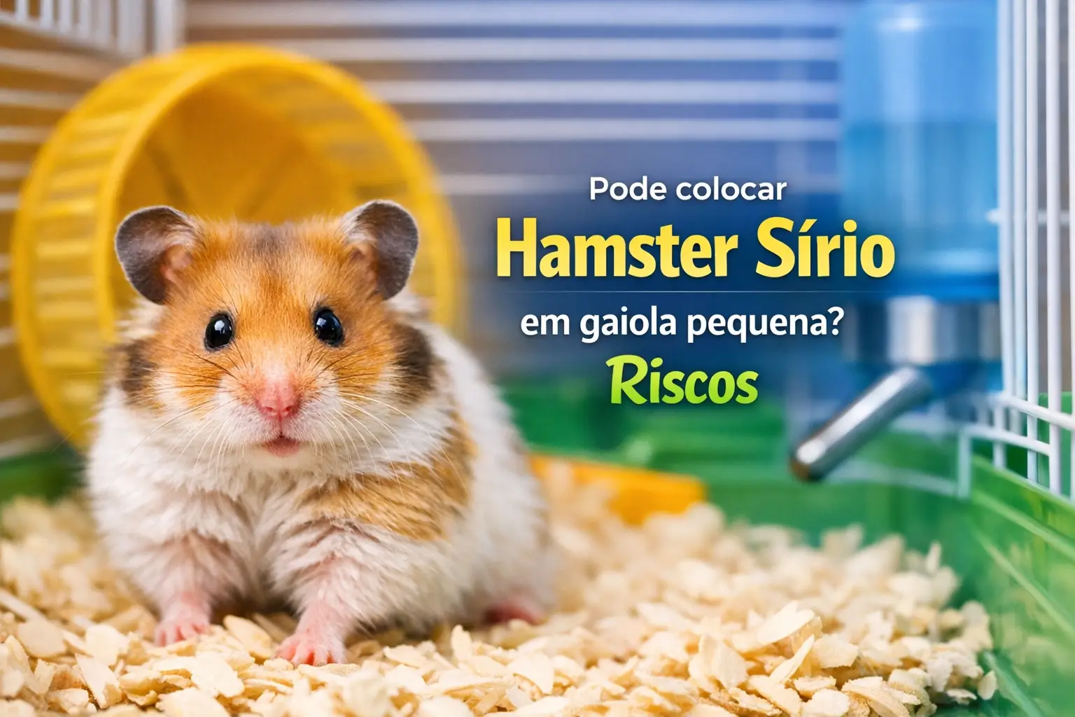 Hamster Sírio em cama de cavacos com roda amarela ao fundo