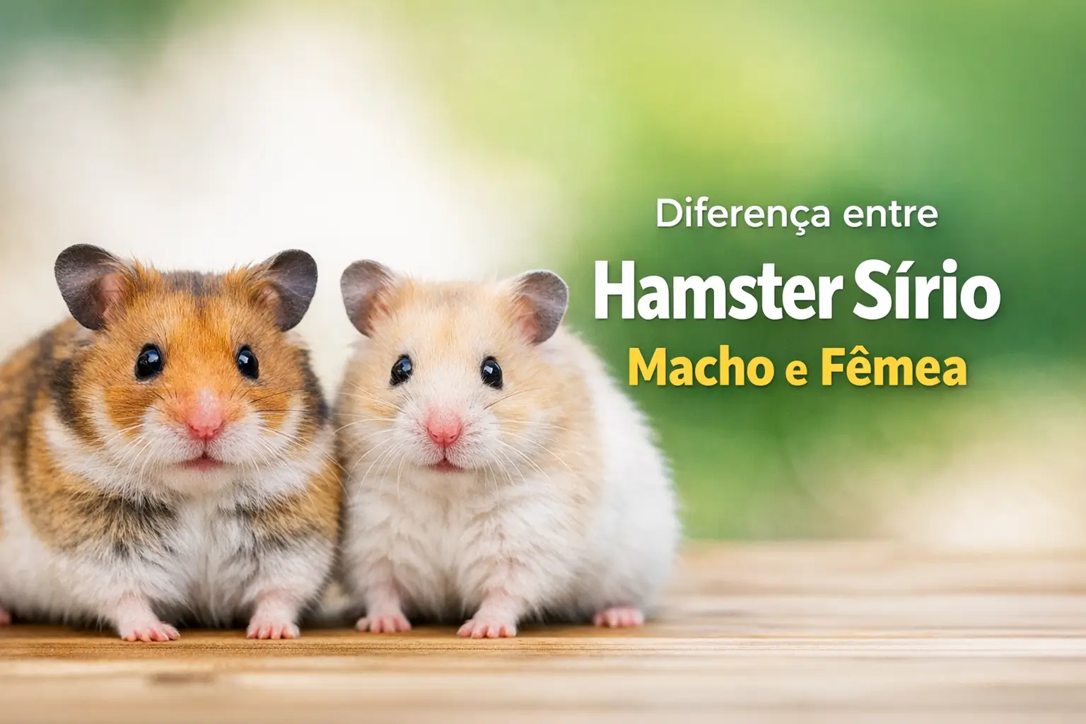 Dois hamsters sírios em um superfície de madeira com fundo verde
