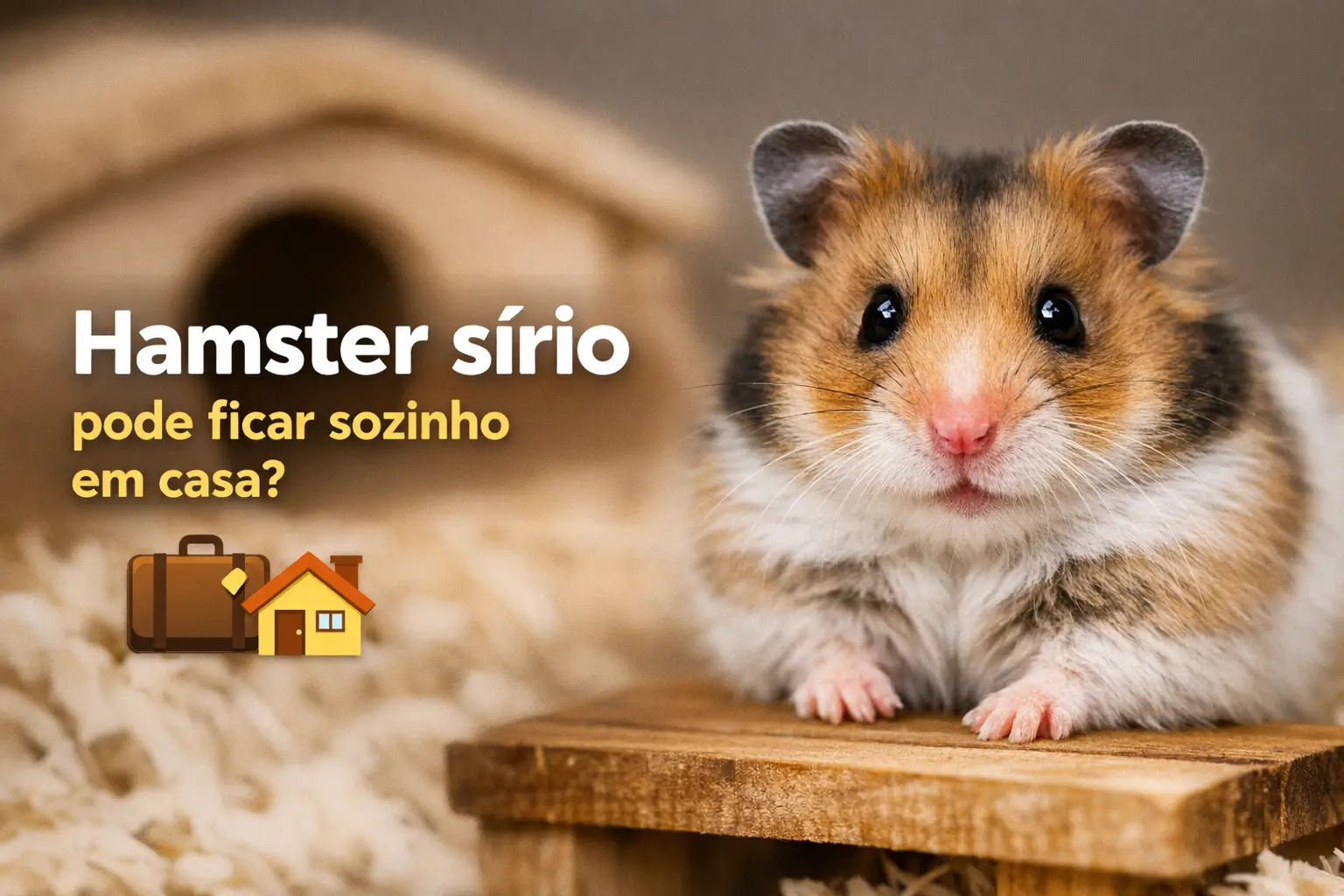 Hamster sírio em plataforma de madeira com esconderijo ao fundo