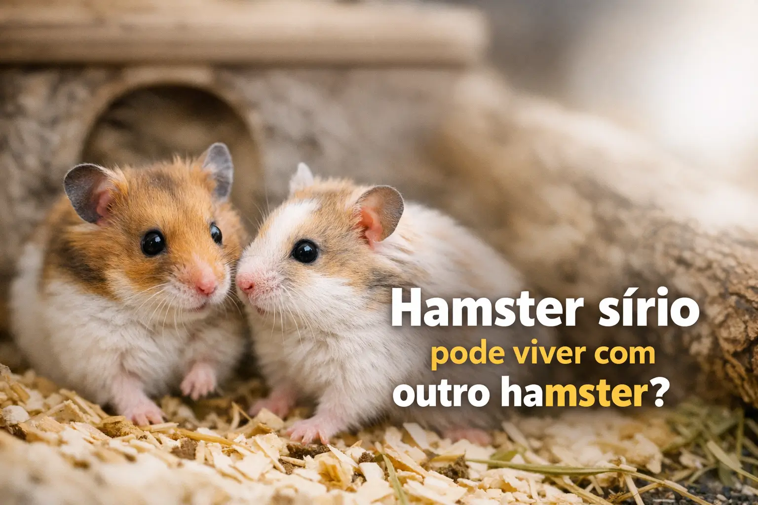 Dois hamsters sírios dourados juntos em serragem com buraco ao fundo