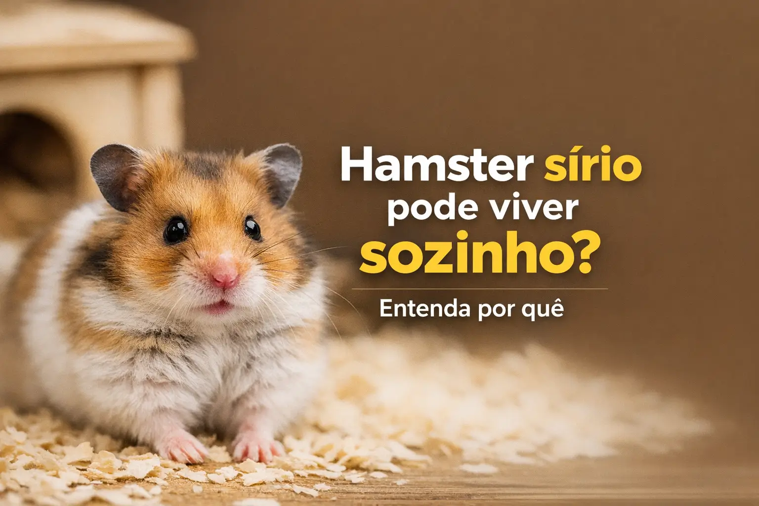 Hamster sírio laranja, branco e marrom em cama de material macio com abrigo de madeira
