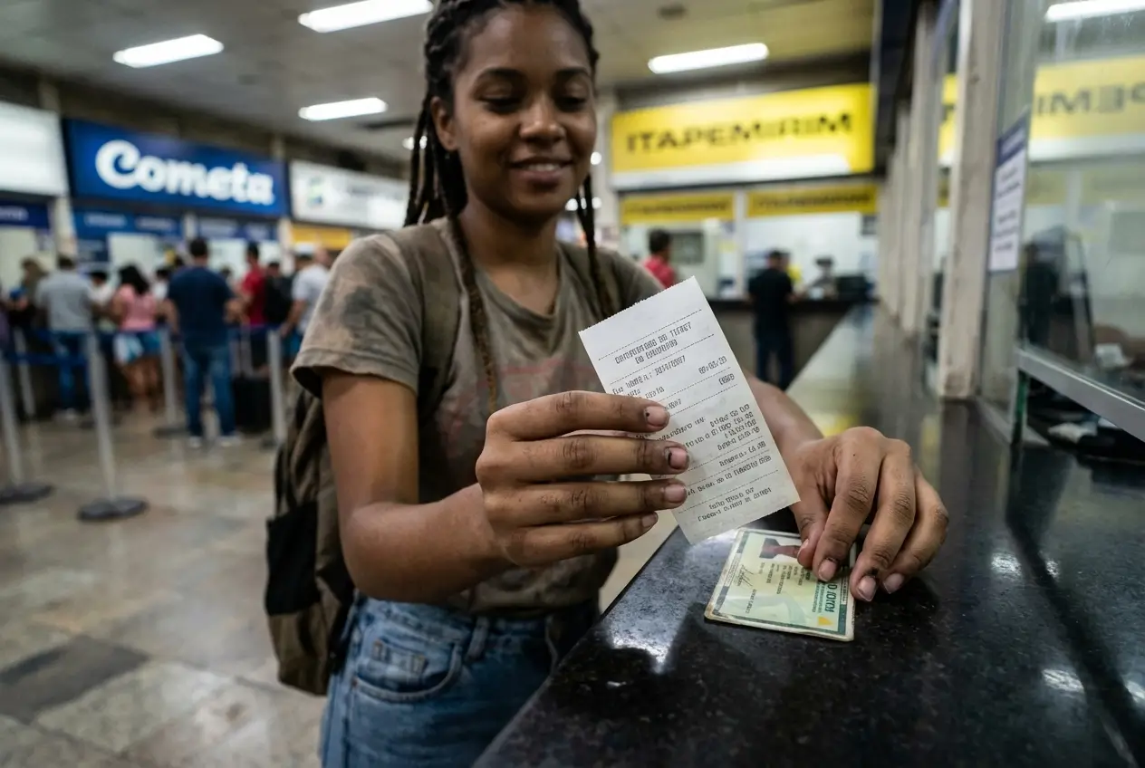 Mulher sorrindo com ticket e documento no balcão de atendimento, fila ao fundo