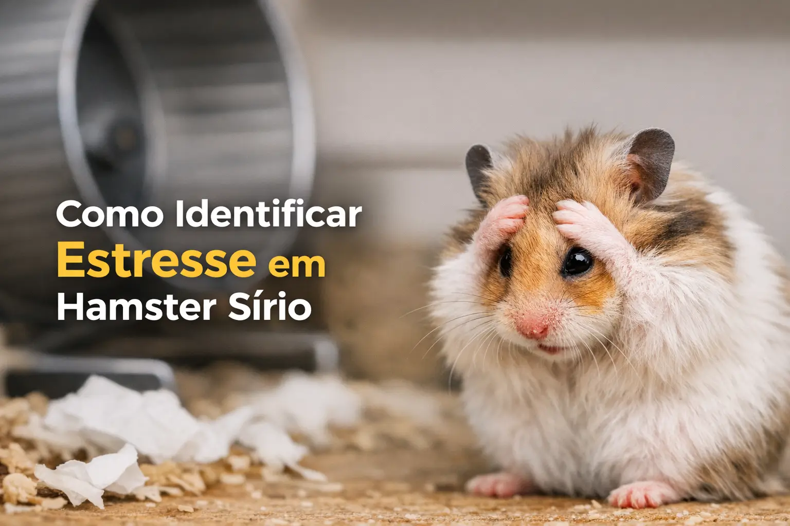 Hamster Sírio estressado com as patas na cabeça em frente a roda