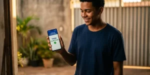 Homem sorridente segura celular com mensagem de confirmação de vaga Jovem Aprendiz, ambiente interno.