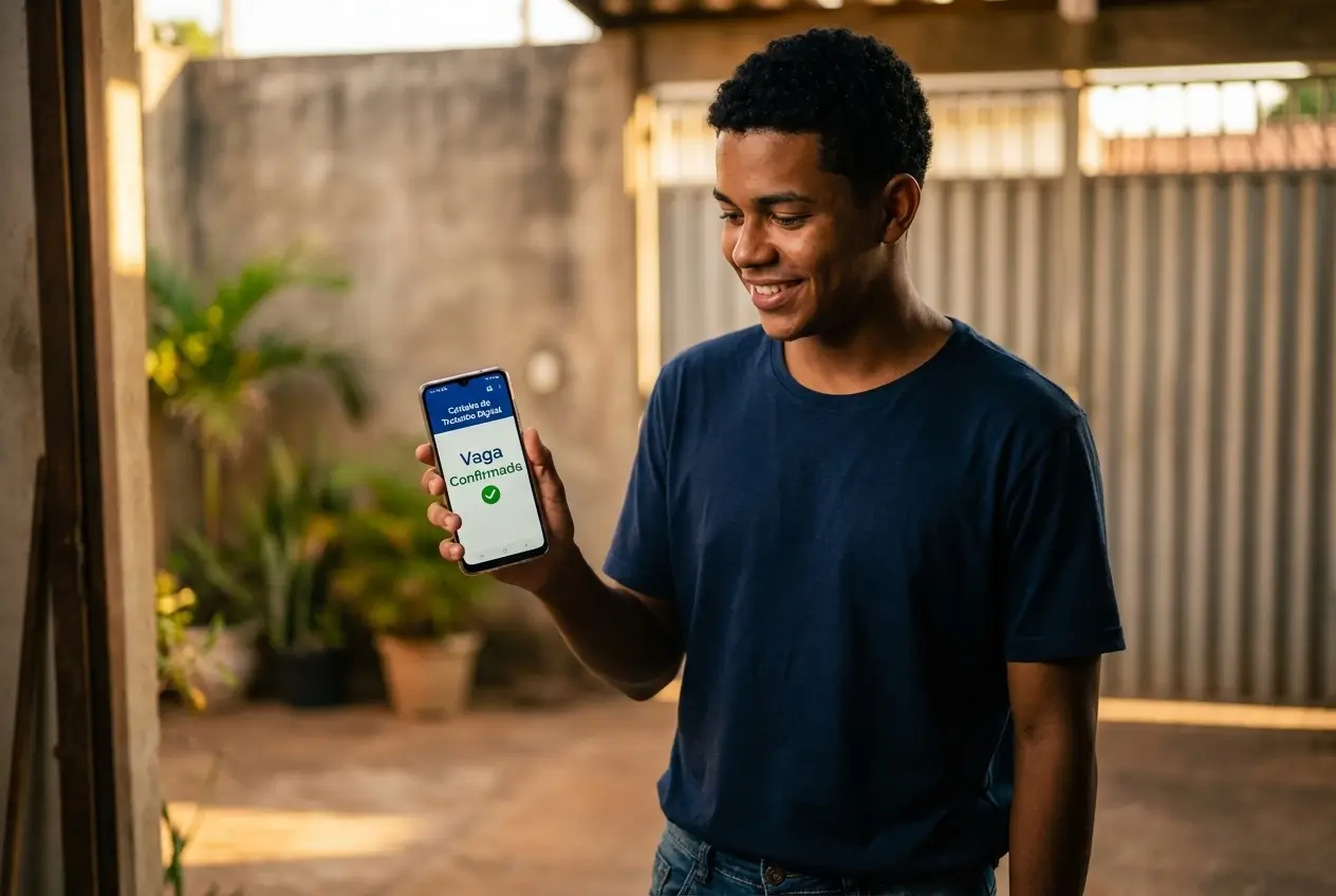 Homem sorridente segura celular com mensagem de confirmação de vaga Jovem Aprendiz, ambiente interno.