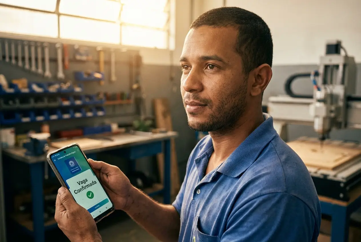 Homem em oficina com smartphone exibindo mensagem 'Vaga Confirmada', ferramentas ao fundo