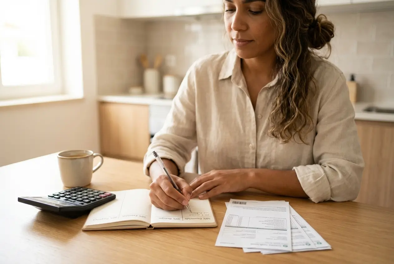 Mulher escrevendo contas ao lado de calculadora e café, verificando ID Jovem.