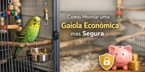 Periquito verde em gaiola econômica com brinquedos e cofre rosa para economia