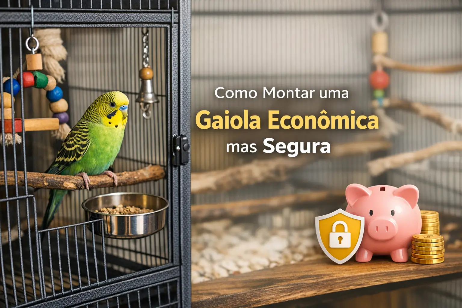 Periquito verde em gaiola econômica com brinquedos e cofre rosa para economia