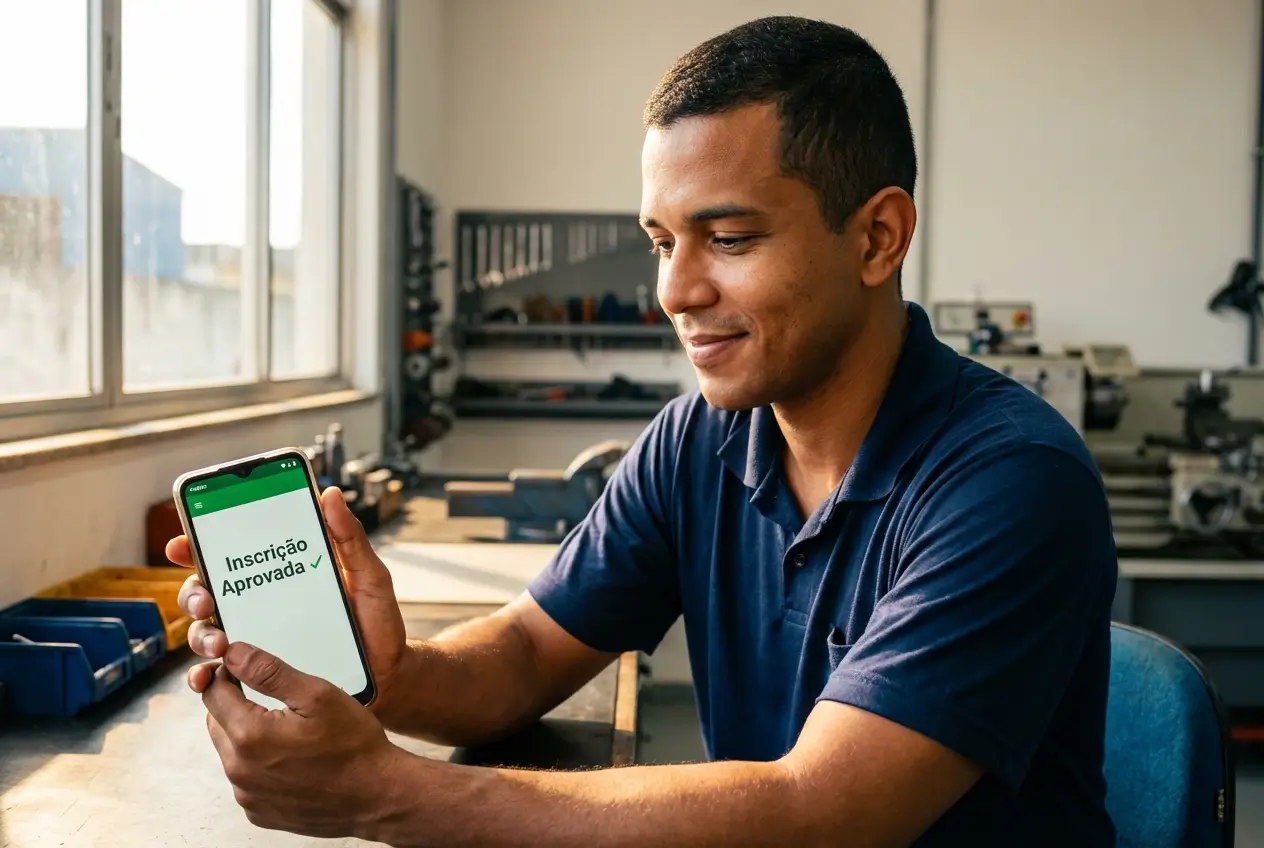 Homem em oficina sorrindo ao ver inscrição aprovada no celular