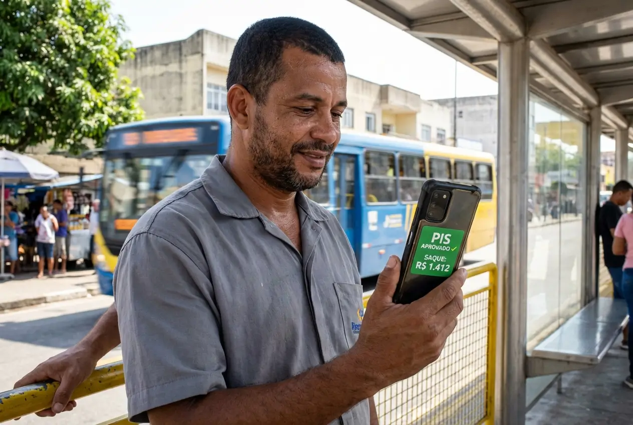 Homem sorridente confere informações sobre PIS no celular com ônibus ao fundo