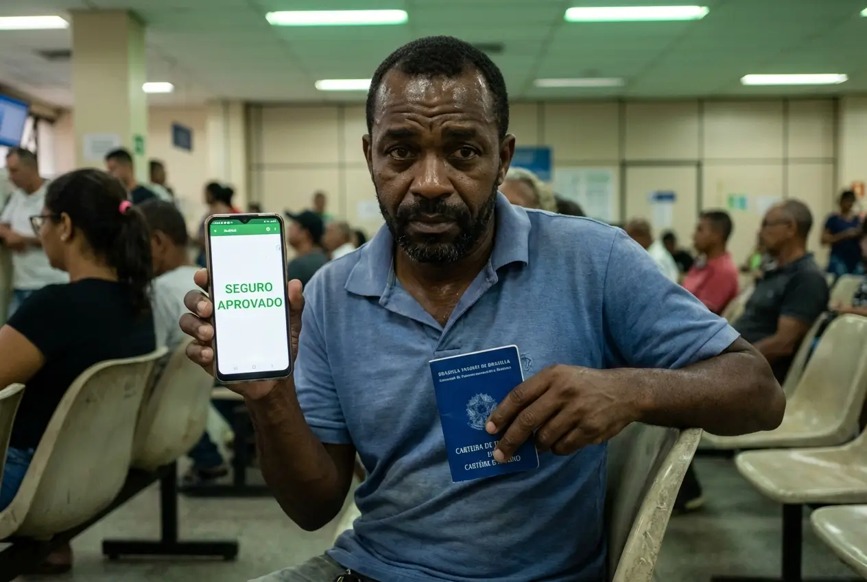 Homem em sala cheia segura celular com mensagem 'Seguro Aprovado' e carteira de trabalho.