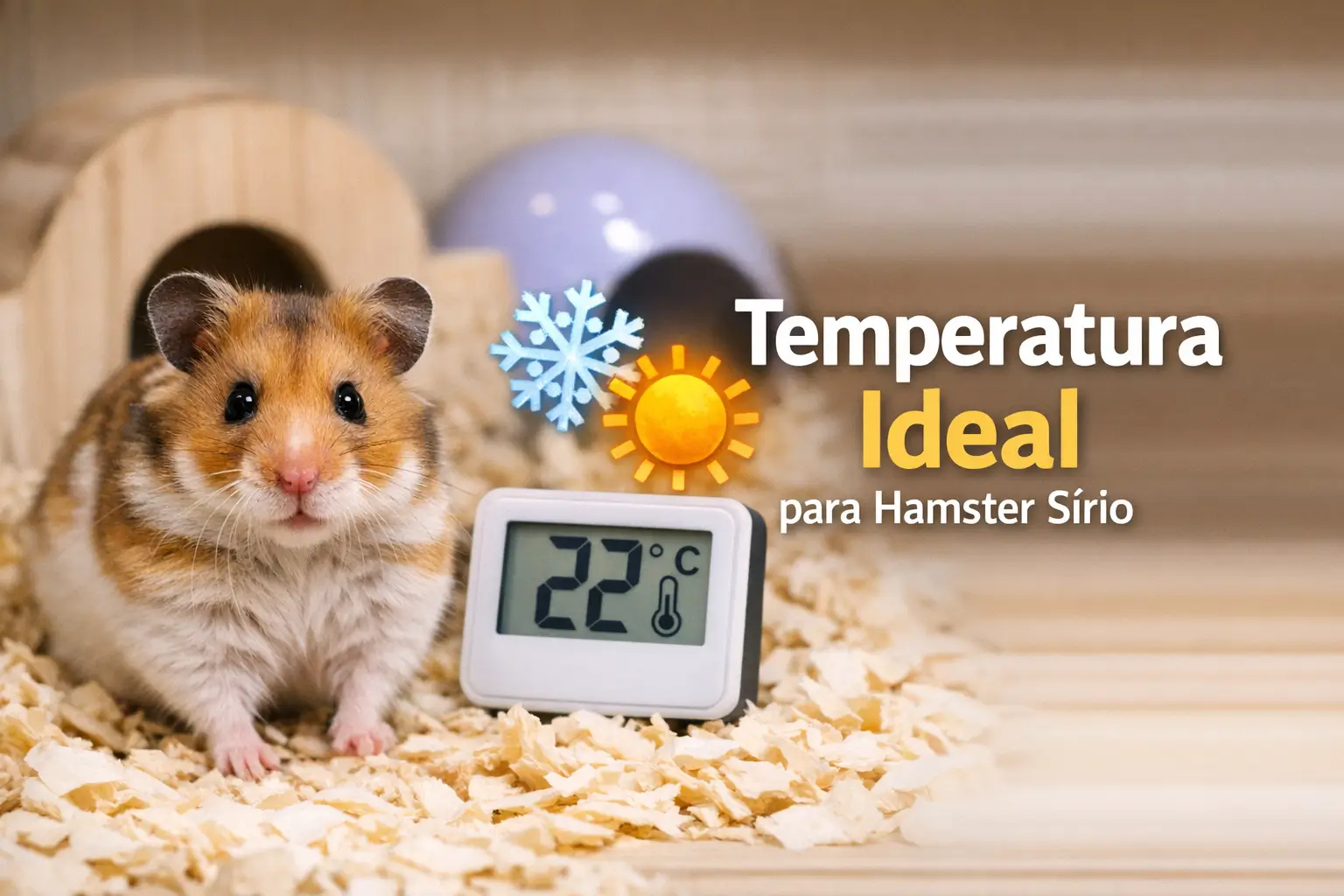 Hamster sírio em habitat com termômetro e temperatura ideal de 22°C.