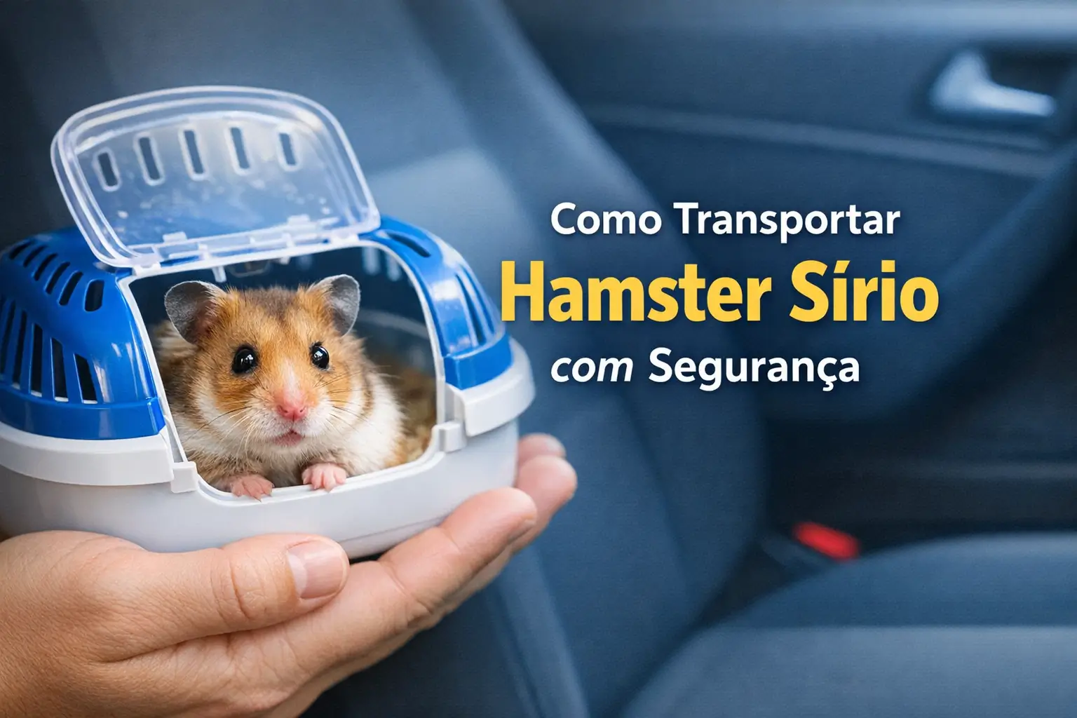 Hamster sírio dourado em caixa de transporte segura no carro