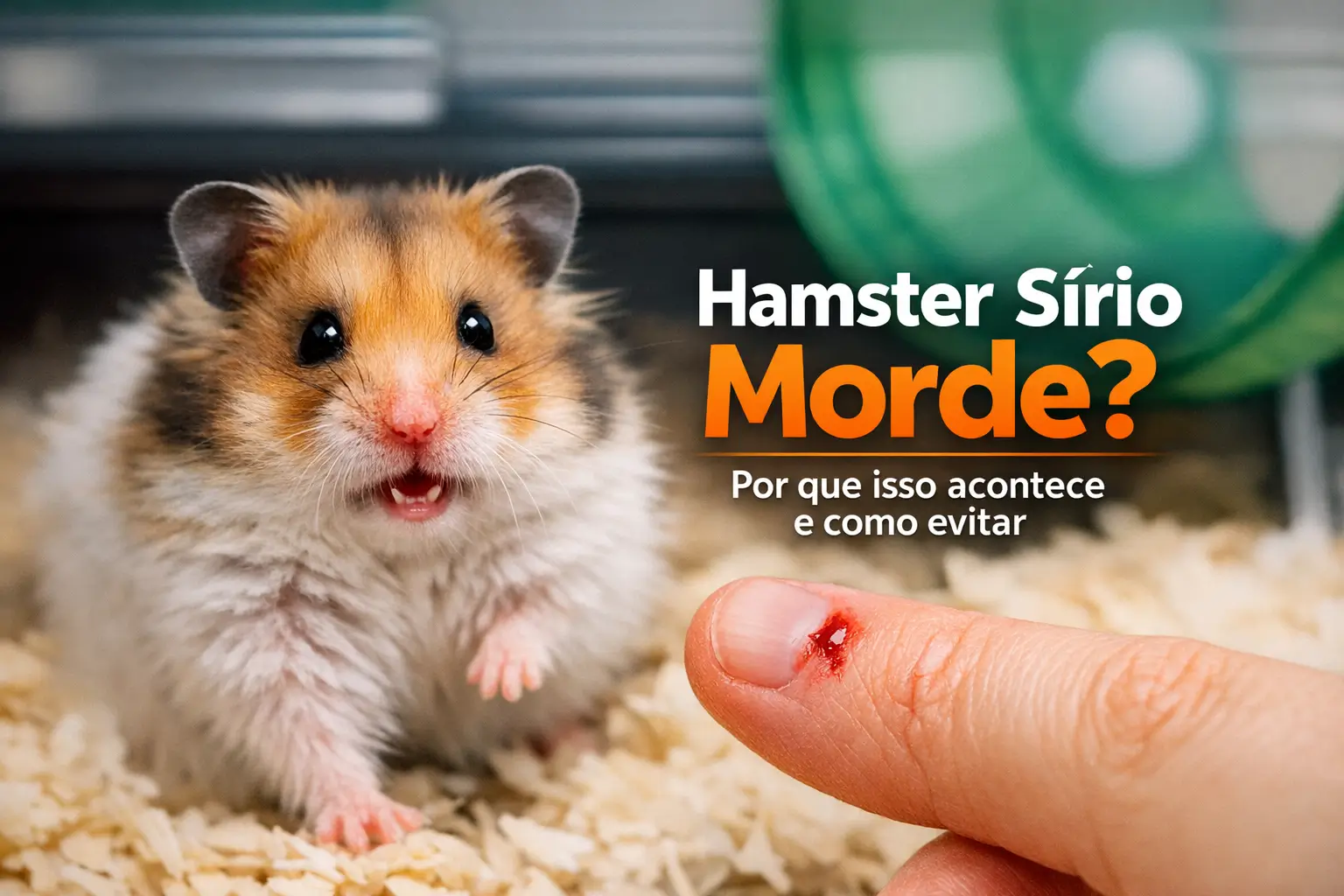 Hamster sírio branco e laranja com expressão curiosa e fundo de roda de hamster