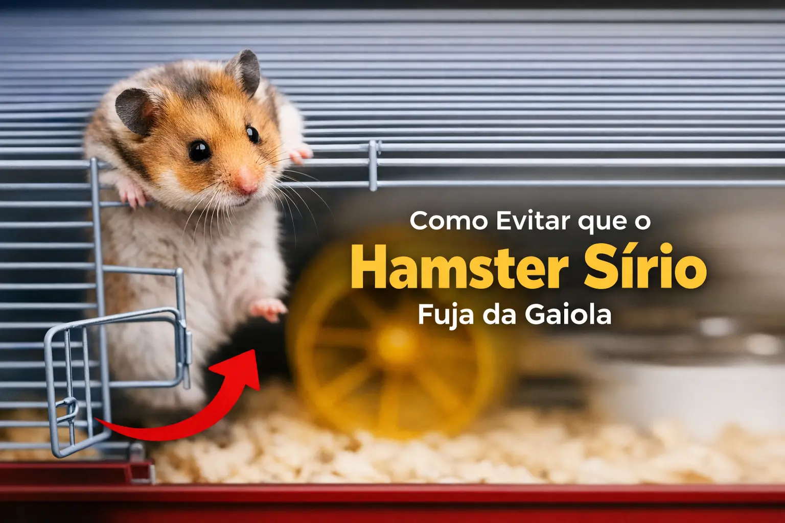 Hamster sírio com pelagem marrom e creme tentando sair de gaiola de barras metálicas