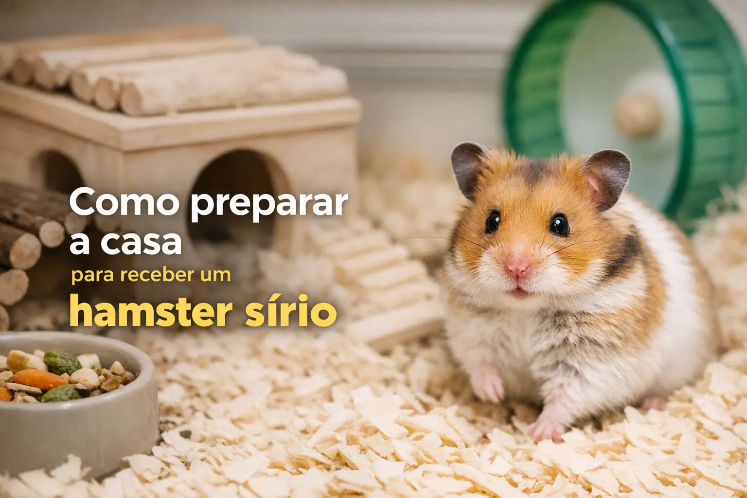 Hamster sírio em habitat com casa, roda e comida colorida