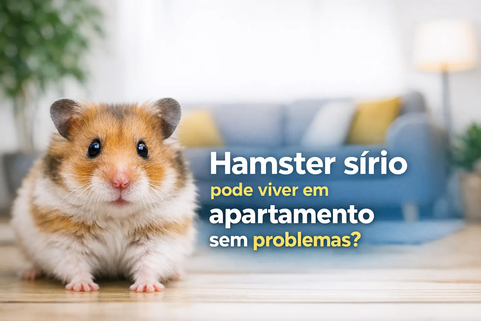 Hamster sírio em cômodo iluminado com sofá ao fundo